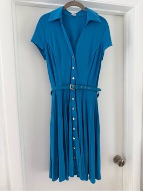 Cache Blue Pleated A-Line Knee Length Dress Gold Button Detail Size 10